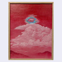 A framed painting featuring a surreal red sky with pink clouds and a glowing blue-and-white wolf-like figure near the top center, set in a light wood frame against a plain light background.