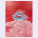 A surreal painting featuring a small pink animal standing on clouds against a red sky with stars and a blue-yellow glow around its head.