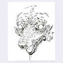 Black and white illustration of a roaring animal's head on a light purple background