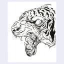 Black and white illustration of a roaring tiger on a light purple background