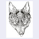 Black and white line drawing of a fox head on a light purple background