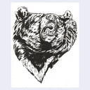 Black and white illustration of a bear's head on a light purple background