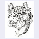 Black and white line drawing of a tiger on a light purple background