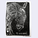 A black and white linocut print showing the side profile of a horse wearing a bridle, with the text 'TE LLEVARÉ' at the bottom.