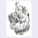 Black ink illustration of a dog like creature with a very long body.