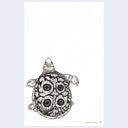Black ink illustration of a turtle, seen from overhead with an ornate shell design.