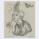 Ink illustration of a character with horns and a furry shawl, with smoke coming from their fingers.