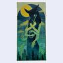 painting of a wolf character with 6 human arms, standing very tall over a forest with a full moon in the sky behind it.