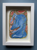 A painting featuring a stylized blue fox hit with many arrows, with red abstract shapes and green drips on a white paper background.