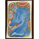 A painting featuring a stylized blue fox hit with many arrows, with red abstract shapes and green drips on a white paper background.
