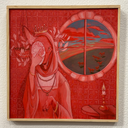 A framed surreal artwork featuring a red-robed crowned wolf figure beside a circular window showing a landscape with running wolfs, mounted on a light textured wall.