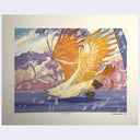 A painting of a stylized bird in flight over water, with trees and a sunset-like sky in the background. The artwork is centered on a light cream paper background with a pale blue outer margin.