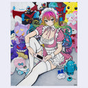 Painting of an anime style girl wearing a pink maid's outfit and white stockings and sitting on the ground with one leg extended out. She has a handheld gaming console and is surrounded by lots of plush dolls.