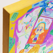 Colorful painting of a tin can of lemon drop candy, with a girl on the product packaging. Various shaped hard candy is nearby and the piece is framed by yellow abstract framing. Close up.