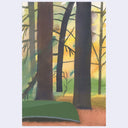 A stylized forest painting featuring tall dark tree trunks, a green foreground shape, and a glowing yellow-orange sky with soft blue-green foliage.