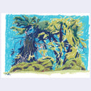 A textured illustration depicting palm trees with green and yellow-green foliage against a bright turquoise blue background, shown with a white border on a light gray canvas.
