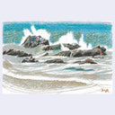 A pastel or crayon-style artwork depicting ocean waves crashing against dark rocks, with turquoise-blue water and white surf.