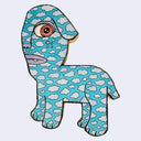 Illustration made with many lines, giving it the feel of a folk art woodcut on a die cut wooden panel of a dog like creature with cloud patterning on it.