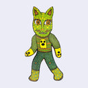 Illustration made with many lines, giving it the feel of a folk art woodcut of a cat creature, green and yellow standing and wearing knit sweater and pants.