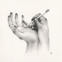 Graphite illustration of 2 hands, one holding a pencil and about to draw on an open palm of the other.