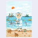 Illustration of a cat in a sailor outfit on a beach, holding a tiny sailboat. In the background are many sea monsters.