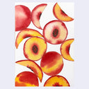Watercolor illustration of several peaches, some are cut cross sections and the other are slices.