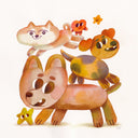 Watercolor painting of 3 cartoon style dogs with large heads and goofy faces. They are stacked atop one another and a tiny cartoon heart and star float over them.