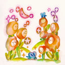 Watercolor illustration of several cartoon style orange flowers with green stems and faces as their centers. Tiny dogs with heart shaped heads/bodies stand nearby.