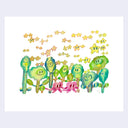 Illustration of several cartoon green trees, with faces on them standing around each other. In the middle are two small pink cats with heart shaped bodies, holding hands. Above the trees are many yellow stars with eyes.