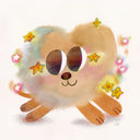 Watercolor illustration of a fluffy mulitcolor heart shaped cloud, with dog legs and a tail. It has large cartoon eyes and a small smiling mouth. All around it are stars and sparkles.