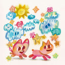 Watercolor illustration of 2 cartoon dogs, chasing one another - one looks like a dog and the other is a dog with a heart for a body and head. Above them float cartoon clouds, stars, hearts and a sun.