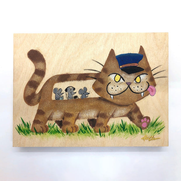 Painting on exposed wooden panel of a brown cat shaped like a bus, with a blue drivers cap and mice as passengers within. It walks atop grass.