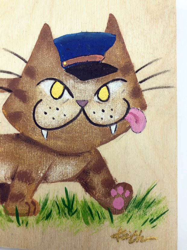 Painting on exposed wooden panel of a brown cat shaped like a bus, with a blue drivers cap and mice as passengers within. It walks atop grass.