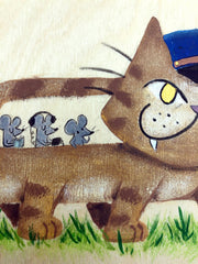 Painting on exposed wooden panel of a brown cat shaped like a bus, with a blue drivers cap and mice as passengers within. It walks atop grass.