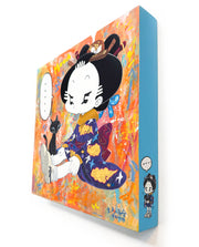 Colorful artwork of a character in a kimono with a black cat sitting by its legs. The character has a speech bubble that says "....." and is against a very colorful, abstract orange background.