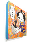 Colorful artwork of a character in a kimono with a black cat sitting by its legs. The character has a speech bubble that says "....." and is against a very colorful, abstract orange background.