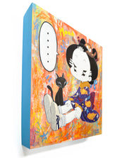 Colorful artwork of a character in a kimono with a black cat sitting by its legs. The character has a speech bubble that says "....." and is against a very colorful, abstract orange background.