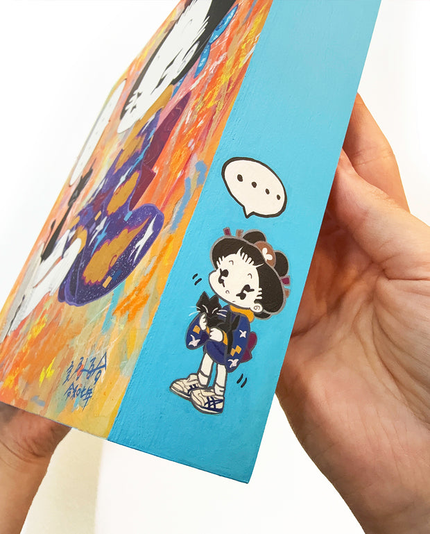 Close up of side of a panel painting with a little character wearing a kimono and holding a cat.