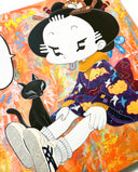 Colorful artwork of a character in a kimono with a black cat sitting by its legs. The character has a speech bubble that says "....." and is against a very colorful, abstract orange background.