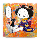 Colorful artwork of a character in a kimono with a black cat sitting by its legs. The character has a speech bubble that says "....." and is against a very colorful, abstract orange background.