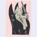 Illustration of a brown cartoon cat sitting in a large, black hand and holding a dagger in one hand and a sword in the other.