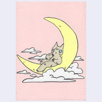 Painting of a brown cartoon cat sitting on a large yellow crescent moon amongst clouds.