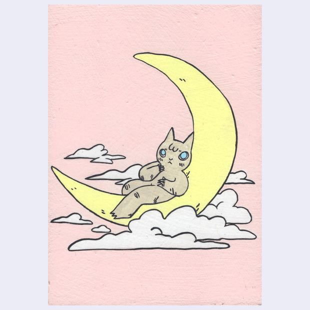 Painting of a brown cartoon cat sitting on a large yellow crescent moon amongst clouds.