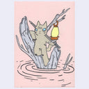 Illustration of a brown cartoon cat standing in a half submerged tree during a flood with a lantern and a longsword.