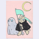 Cartoon cat wearing a black cape and holding a teal blue banner. It walks next to a ghost.
