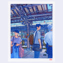 A watercolor illustration depicting a Japanese train station platform with three characters, rendered in a palette of blue, purple, and brown tones. The print is presented on a clean white background.
