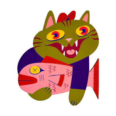 Die cut painted wooden sculpture of a silly cartoon cat, olive green with yellow eyes and wearing a purple sweater. It smiles excitedly and holds a dead pink fish in its hands.