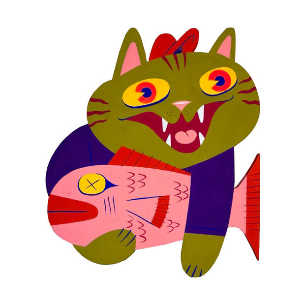 Die cut painted wooden sculpture of a silly cartoon cat, olive green with yellow eyes and wearing a purple sweater. It smiles excitedly and holds a dead pink fish in its hands.