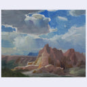 An impressionistic landscape painting of a rocky canyon formation under a dramatic blue sky with white and gray clouds, shown with a light gray border.