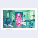 Illustration of a woman in a pink dress sitting at a desk in a room with green lighting.